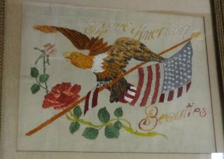 Antique Tramp Art Framed Patriotic Needlework w/ Eagle & Flag WOW 5