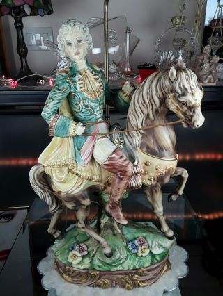 Large Capodimonte Italian Porcelain Table Lamp Man Horse Figurine No Shade Italy