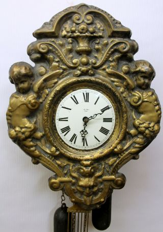 Old Wall Clock Little Comtoise In Brass With Cherubs La Bois Lyon Sbs