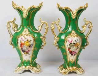 Large Pair Antique Unusual 19th Century Gn Hand Painted British Porcelain Vases