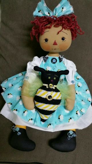 Primitive Folk Art Raggedy Ann Doll And Her Pet Bee/18 " With Swivel Head