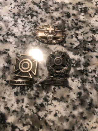 2 Korean War Era Marksmanship Pins And Pinback Combat Medic Badge