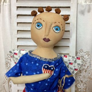 Primitive Patriotic Lady Liberty Doll Folk Art Americana Hand Over Heart Angel 11