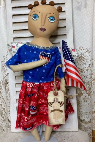 Primitive Patriotic Lady Liberty Doll Folk Art Americana Hand Over Heart Angel