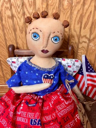 Primitive Patriotic Lady Liberty Doll Folk Art Americana Hand Over Heart Angel 2