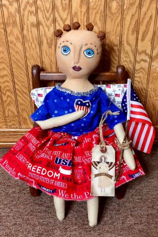 Primitive Patriotic Lady Liberty Doll Folk Art Americana Hand Over Heart Angel 3