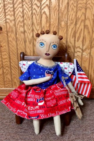 Primitive Patriotic Lady Liberty Doll Folk Art Americana Hand Over Heart Angel 4