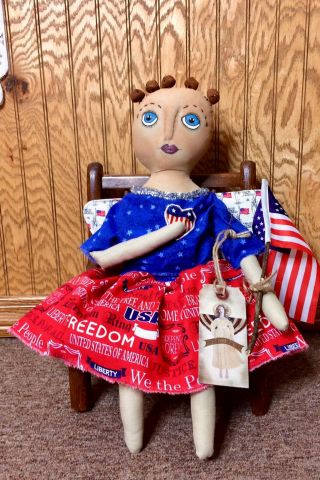 Primitive Patriotic Lady Liberty Doll Folk Art Americana Hand Over Heart Angel 5