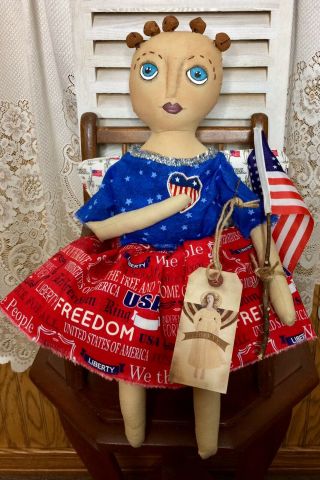 Primitive Patriotic Lady Liberty Doll Folk Art Americana Hand Over Heart Angel 6