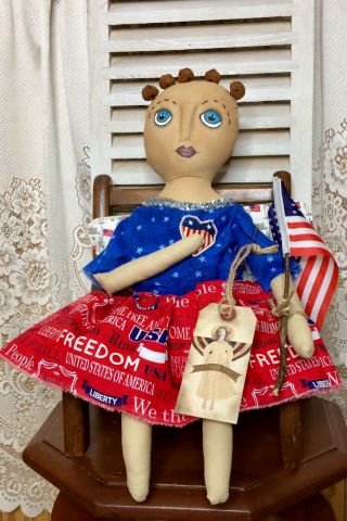 Primitive Patriotic Lady Liberty Doll Folk Art Americana Hand Over Heart Angel 7