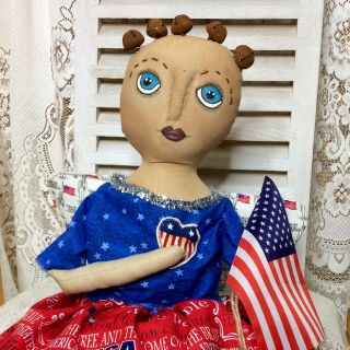Primitive Patriotic Lady Liberty Doll Folk Art Americana Hand Over Heart Angel 8