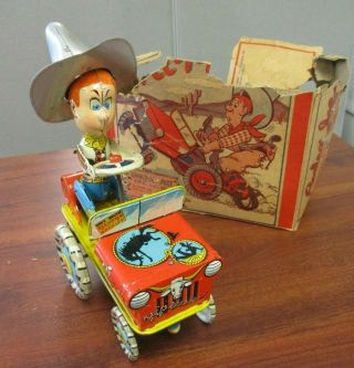Vintage Unique Art Tin Litho Wind Up Rodeo Joe Crazy Car