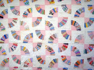 Vintage 1930 ' s double Fan Quilt hand quilted stitched scalloped edge 8