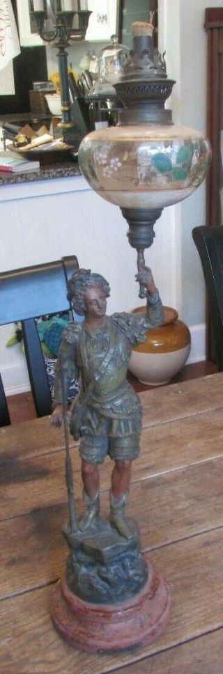 Antique 1880’s Charles Ruchot Chasse Spelter Boy W/ Rifle Oil Lamp Paris France