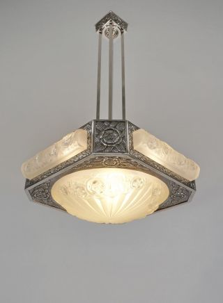 Morin & Degue : French 1930 Art Deco Chandelier.  Bronze Lamp Muller Era