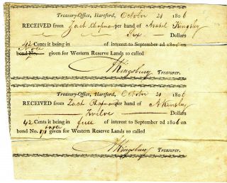 1806 Connecticut Treasurer Receipts Interest On Purchase Of Western Reserve Land