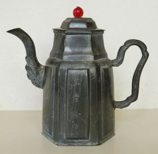 Antique 19thc Yixing Pewter Chinese Engraved Teapot Signed Character Wax Seal