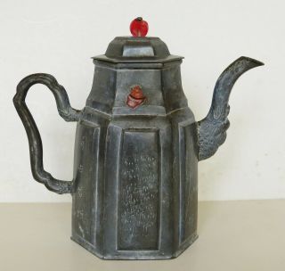 Antique 19thC YIXING Pewter CHINESE Engraved TEAPOT Signed CHARACTER Wax SEAL 3