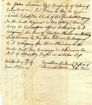 Revolutionary War Connecticut Pay Order 1775 For Training 10th Regiment Militia