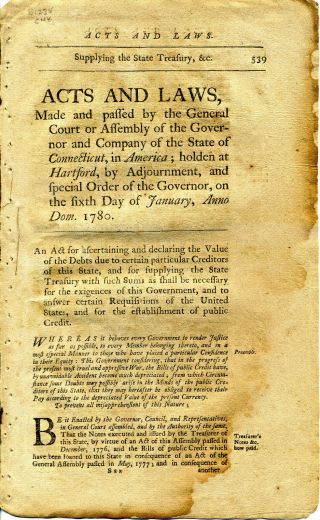 Revolutionary War Connecticut Acts & Laws January 1780 Finances Of The State