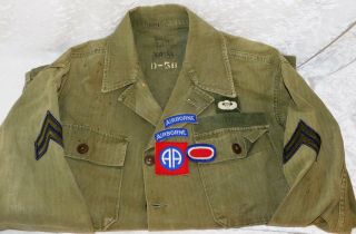 Vtg Korean War Us Army Paratrooper Airborne Patches Hbt Twill Herringbone Shirt
