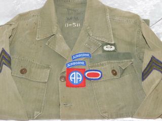 VTG KOREAN WAR US ARMY PARATROOPER AIRBORNE PATCHES HBT TWILL HERRINGBONE SHIRT 2