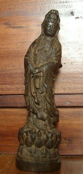 Antique Statue Guanyin Buddha Hard Wood Hand Carved