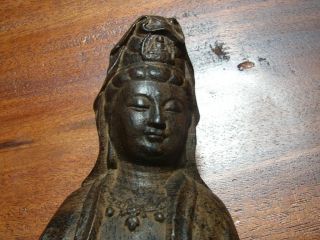 ANTIQUE STATUE GUANYIN BUDDHA HARD WOOD HAND CARVED 8