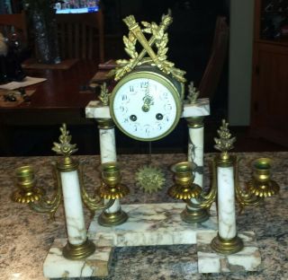 Antique Filliol & Erdreich Gilded French Marble Clock With Candealbras