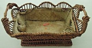 Rare 17.  5 " X 11 " Antique Vintage Ornate Wicker Doll Bed Fabric Lined Basket Tag