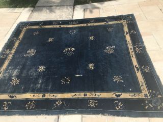 Antique Vintage Chinese Rug Hand - Made Oriental Rug 1920s Blue