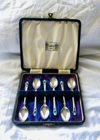 Antique Liberty And Co Silver Enamel Tea Spoon Set Hallmarked