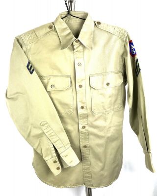 VINTAGE AUTHENTIC 1951 US ARMY KOREAN WAR COTTON KHAKI SHIRT Long Sleeve Patches 10