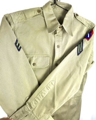 VINTAGE AUTHENTIC 1951 US ARMY KOREAN WAR COTTON KHAKI SHIRT Long Sleeve Patches 11