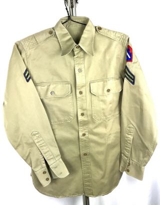 VINTAGE AUTHENTIC 1951 US ARMY KOREAN WAR COTTON KHAKI SHIRT Long Sleeve Patches 12