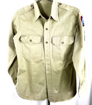 Vintage Authentic 1951 Us Army Korean War Cotton Khaki Shirt Long Sleeve Patches