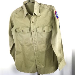 VINTAGE AUTHENTIC 1951 US ARMY KOREAN WAR COTTON KHAKI SHIRT Long Sleeve Patches 2