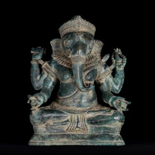 Antique Khmer Style Bronze Seated Ganesha Statue - 40cm/16 "