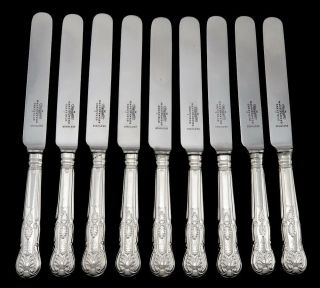 9 Antique 1929 English Sterling Silver Kings Pattern Lion Crest Knives 9 1/8”