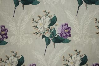 Antique French 1860 Printed Chintz Cotton Panel Fabric Large Scale Purple Floral