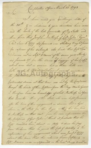 American Revolution Continental Army Document Relating To John Tylers Reg.  1793