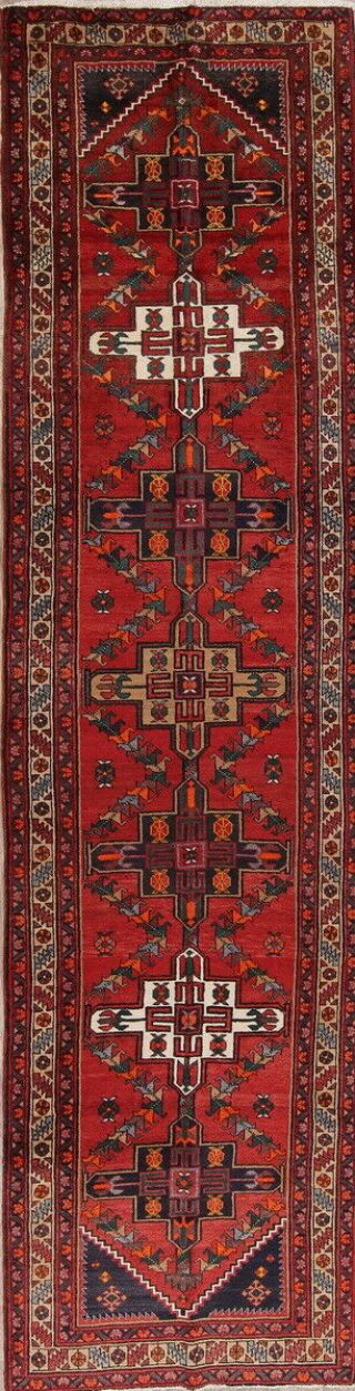 Vintage Geometric Tribal Long - Wearing Runner Heriz Persian Oriental Red Rug 4x15