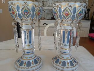 Victorian Art Bohemian 12 " Glass Mantle Lusters With Prisms
