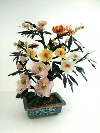 Vintage Chinese Cloisonne Bonsai Tree - Rose Quartz,  Agate,  Jade Flowers