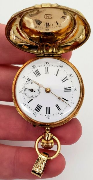 ANTIQUE 19TH C MONARD GENEVE SWISS SOLID 14K GOLD HUNTER CASE LADYS POCKET WATCH 10