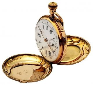 ANTIQUE 19TH C MONARD GENEVE SWISS SOLID 14K GOLD HUNTER CASE LADYS POCKET WATCH 2