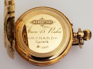 ANTIQUE 19TH C MONARD GENEVE SWISS SOLID 14K GOLD HUNTER CASE LADYS POCKET WATCH 5
