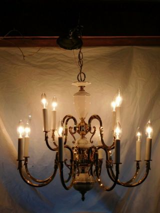 vintage chandelier ceiling fixture lamp light brass 12 lite Hollywood Regency 12