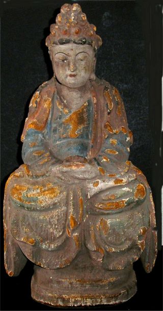 Chinese Hand Carved Polychrome Wooden Large Buddha Figure 18th Cent Or Earlier