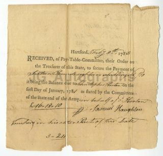 1783 American Revolutionary War Pay Document To Christopher Horton,  Hartford,  Ct